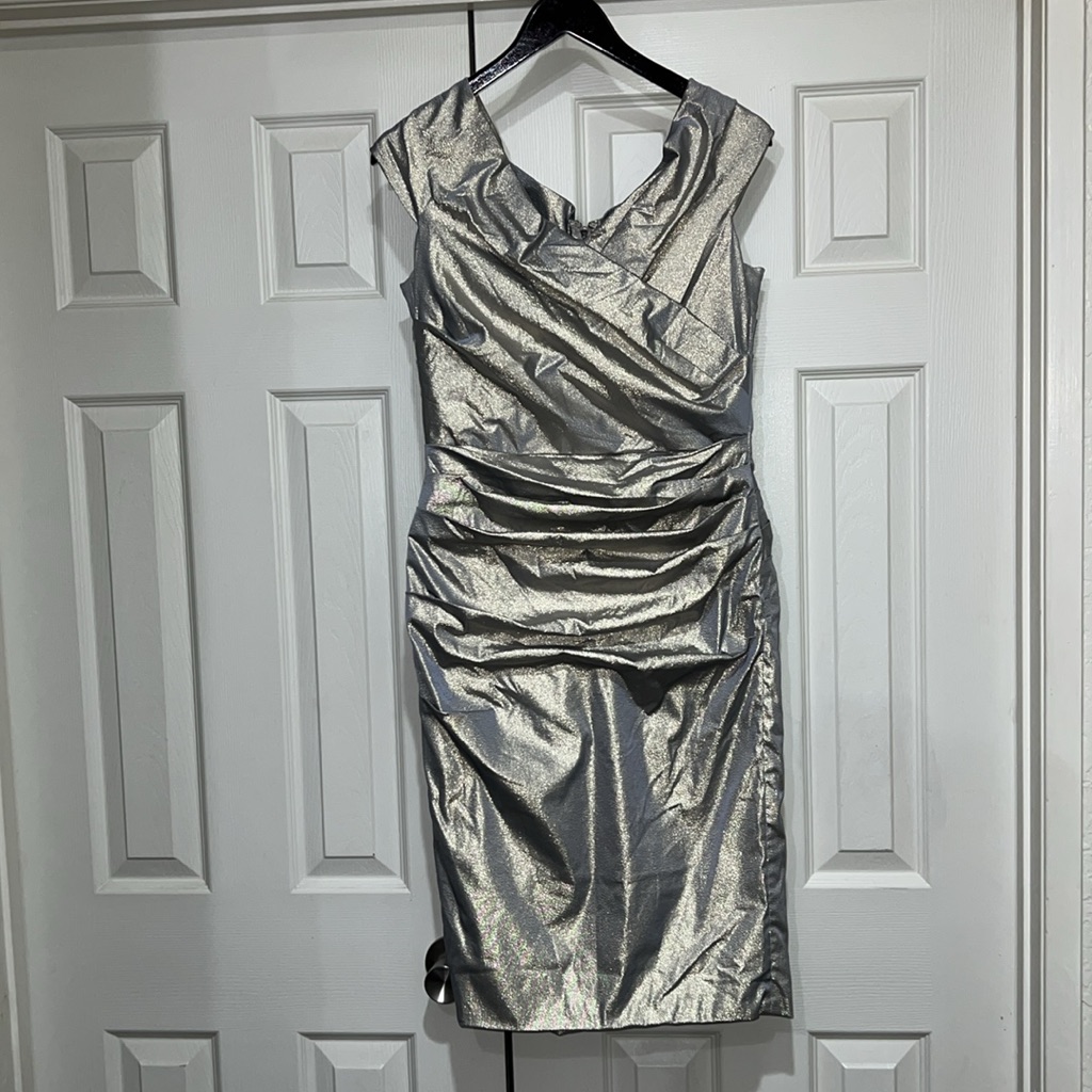 Teri Jon By Rickie Freeman Off Shoulders Ruched Gold Cocktail Dress Size 12